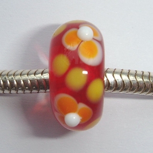 Transparent red with white-orange flowers and spots