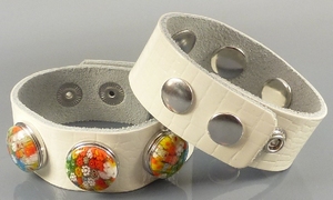 Leren armband glanzend wit slangenprint,pols 16-18-20 cm