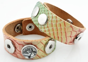 Leather bracelet green pink snake, wrist 17.5-19.5-21,5 cm